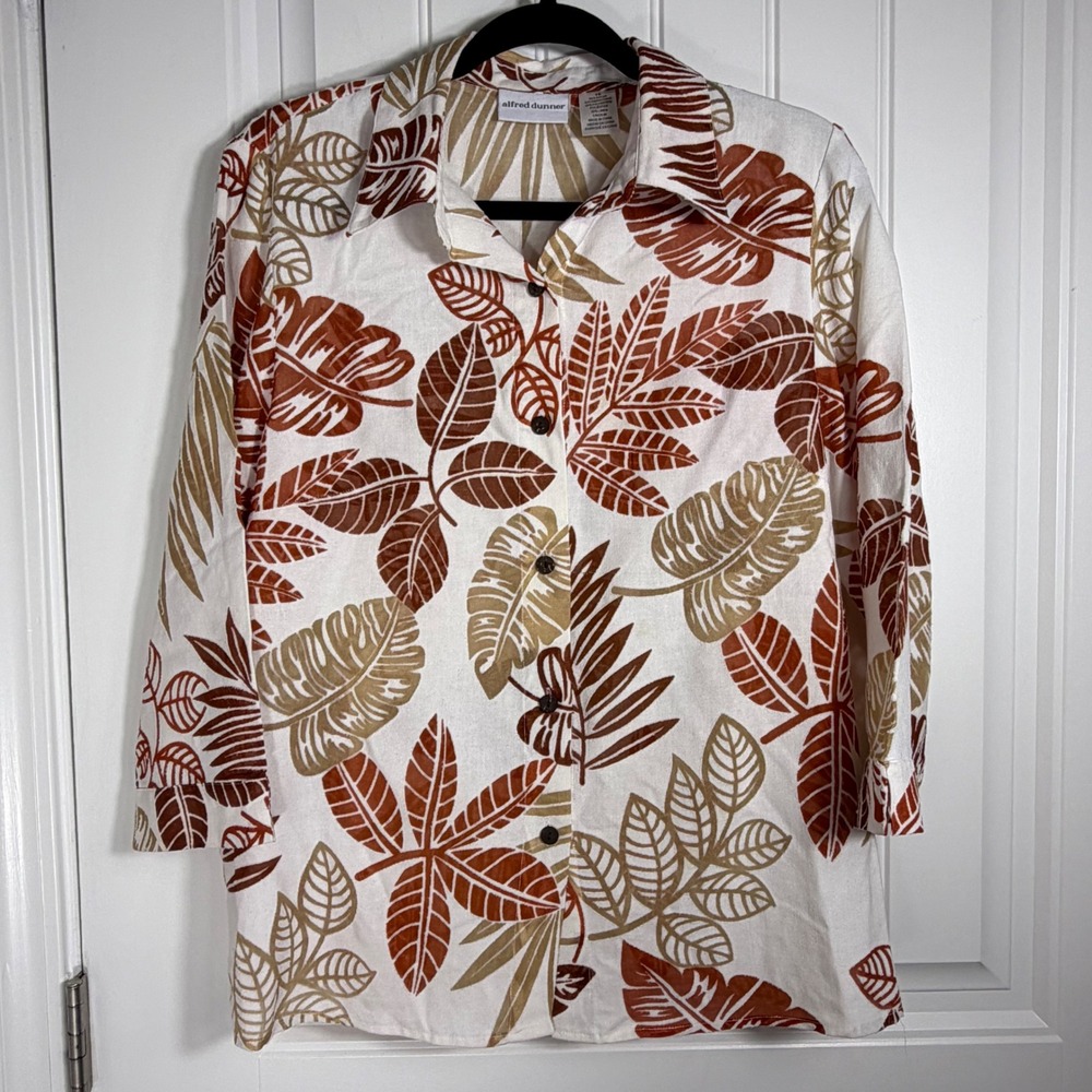 Alfred Dunner Women 10 Tropical Leaf Print Linen Blend Button Down Shirt Rust